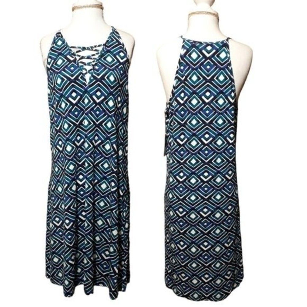 Tart Women's Sleeveless Dress Blue Green V Neck Summer Vacation Geometric Medium